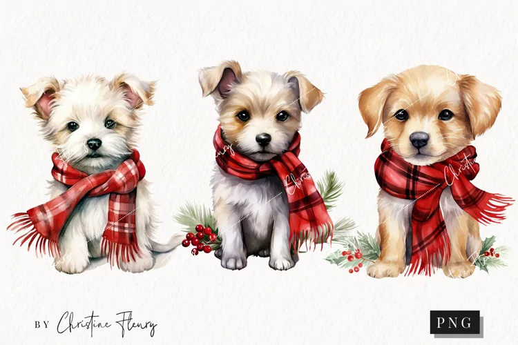 Watercolor Christmas Puppies Clipart | Christmas Clipart