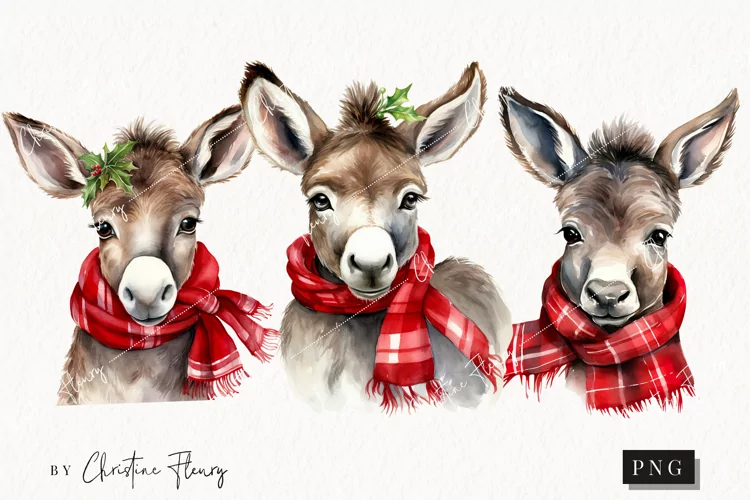 Watercolor Christmas Donkeys Clipart | Christmas Clipart