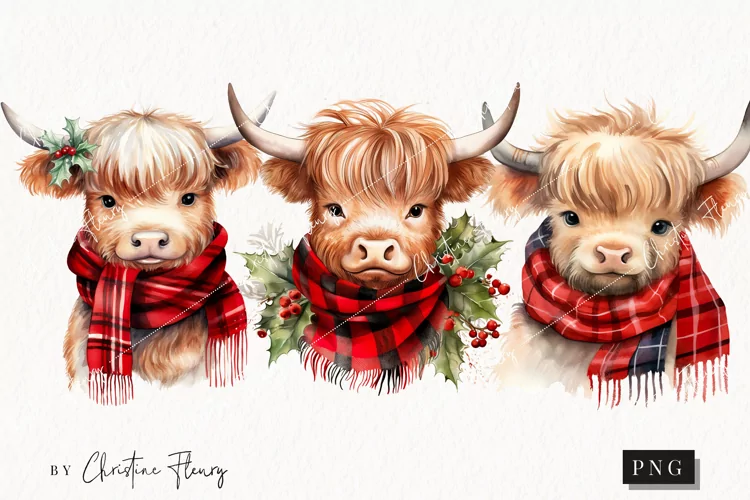 Watercolor Christmas Highland Cows Clipart | Christmas PNG