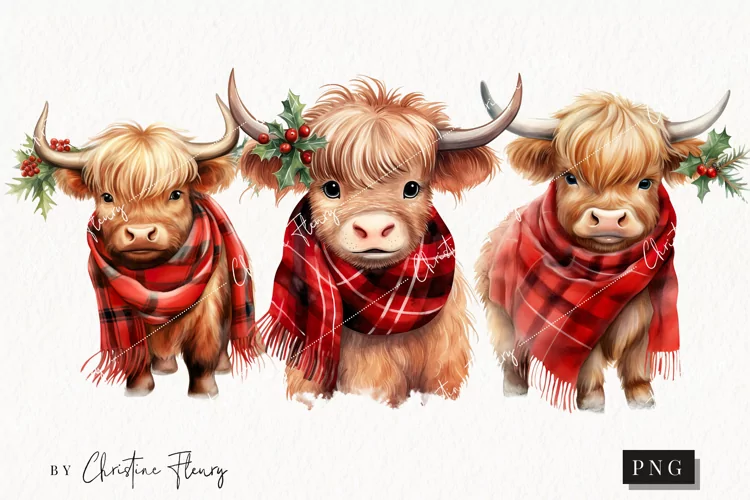 Watercolor Highland Cows Clipart | Christmas Clipart