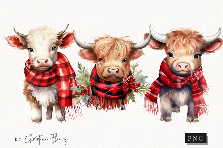Watercolor Winter Highland Cows Clipart | Christmas Clipart
