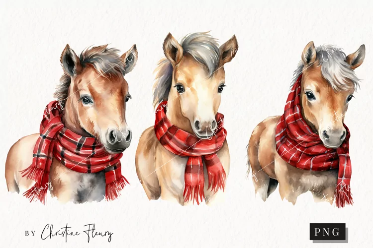 Watercolor Christmas Horses Clipart | Christmas Clipart