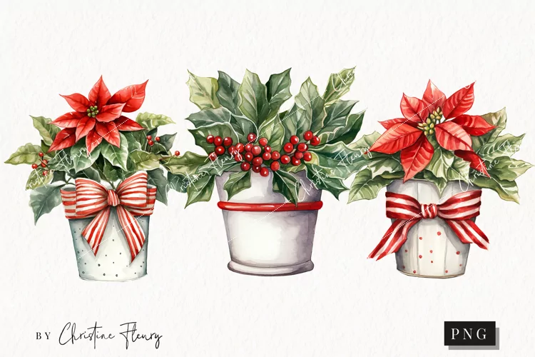 Watercolor Poinsettia Plant Clipart | Christmas Clipart