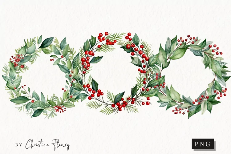 Watercolor Holly Wreaths Clipart | Christmas Clipart