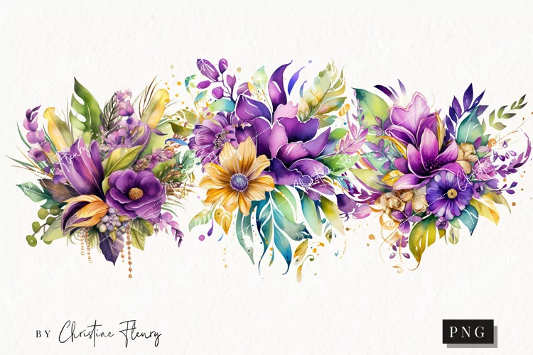 Mardi Gras Watercolor Flowers PNG | Flower Clipart