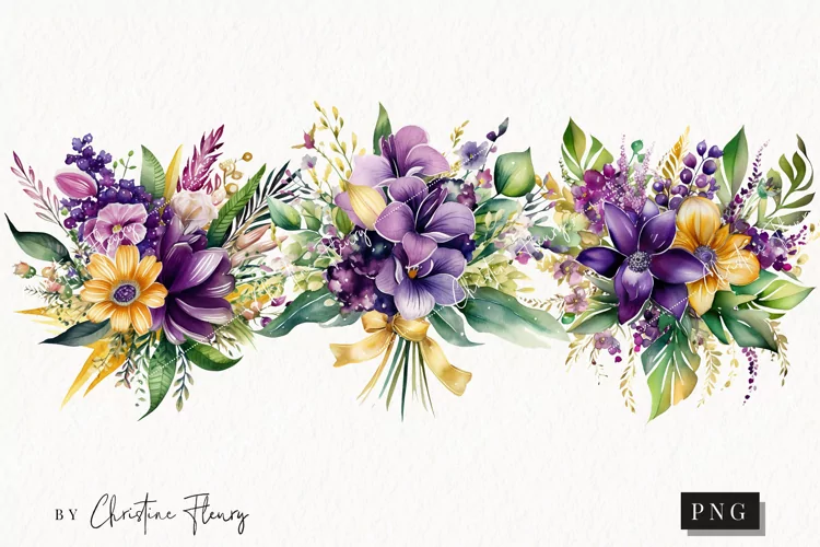 Mardi Gras Watercolor Flowers PNG | Flower Clipart