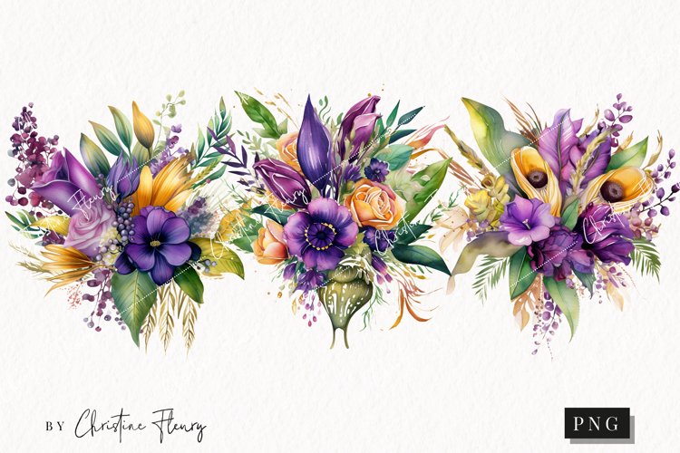 Mardi Gras Watercolor Flowers PNG | Flower Clipart example image 1