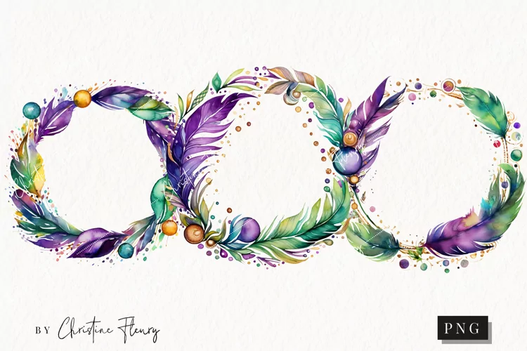 Watercolor Feather Wreaths PNG | Mardi Gras Clipart