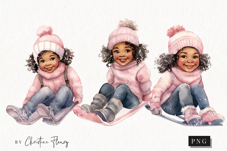 Watercolor Girl On Sled Clipart | Christmas Clipart