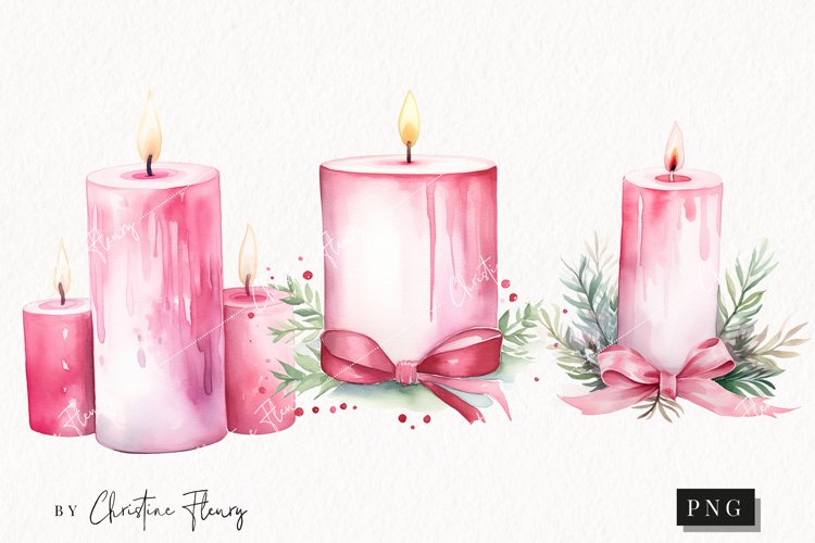 Watercolor Pink Candles Clipart | Christmas Clipart example image 1