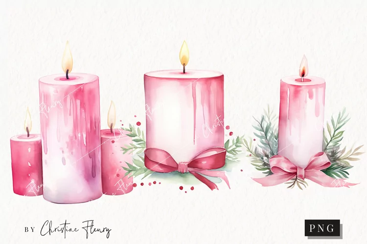 Watercolor Pink Candles Clipart | Christmas Clipart