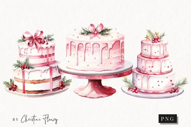 Watercolor Pink Christmas Cakes Clipart | Christmas Clipart