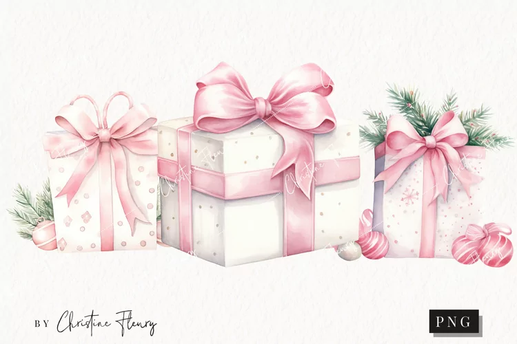 Watercolor Pink Gift Box Clipart | Christmas Clipart