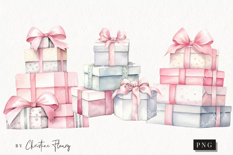 Watercolor Pink Gifts Stacked Clipart | Christmas Clipart