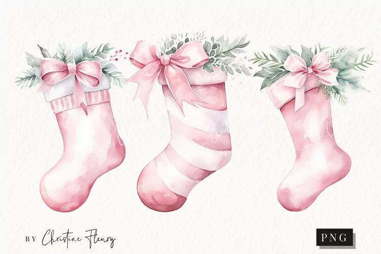 Watercolor Pink Christmas Stockings Clipart | Christmas Clip
