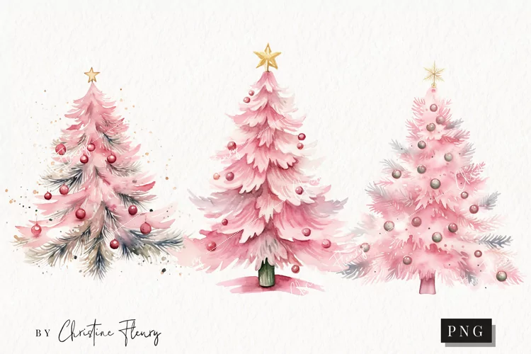 Watercolor Pink Christmas Trees Clipart | Christmas Clipart