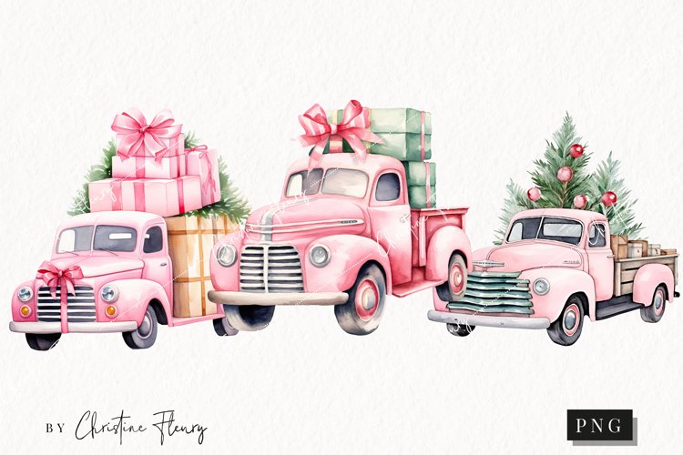 Watercolor Pink Vintage Trucks Clipart | Christmas Clipart
