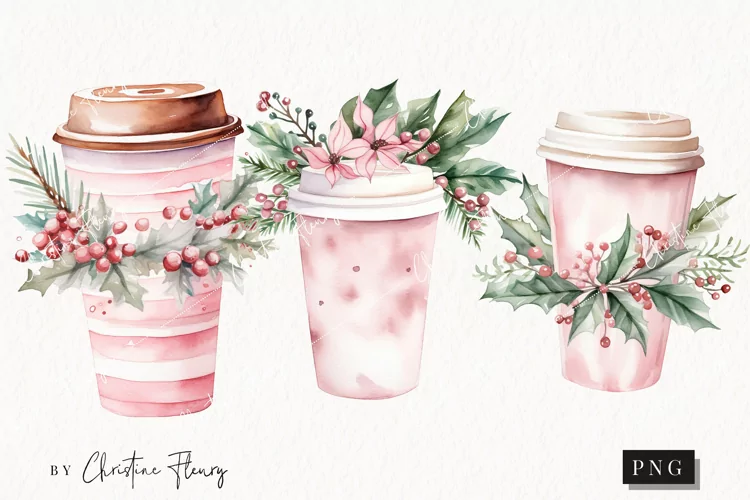Watercolor Pink Festive Tumbler Clipart | Christmas Clipart