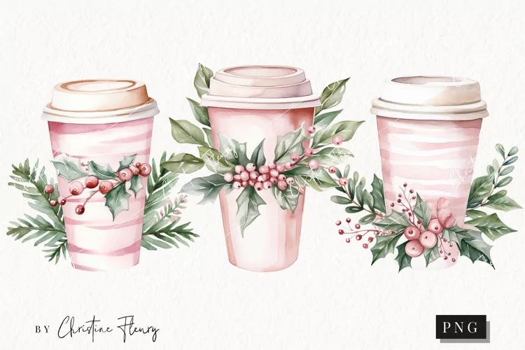 Watercolor Pink Coffee Tumbler Clipart | Christmas Clipart