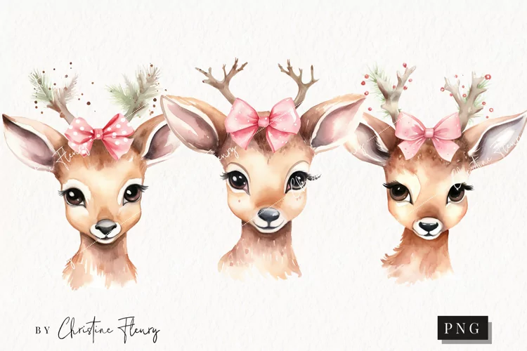 Watercolor Pink Bow Reindeer Clipart | Christmas Clipart