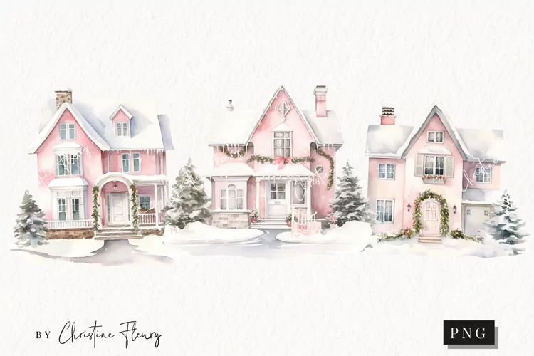 Watercolor Pink Christmas Houses Clipart | Christmas Clipart