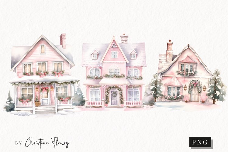 Watercolor Pink Festive Houses Clipart | Christmas Clipart
