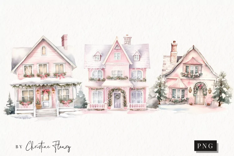 Watercolor Pink Festive Houses Clipart | Christmas Clipart