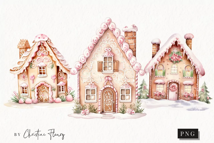 Watercolor Pink Gingerbread Houses Clipart | Christmas PNG