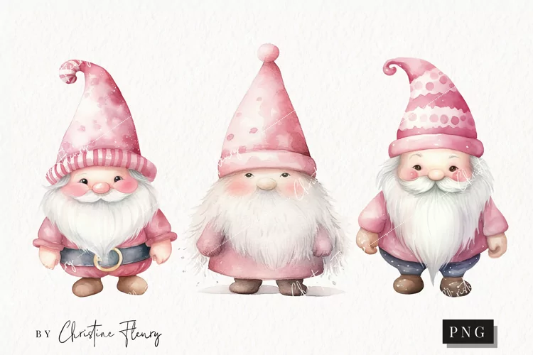 Watercolor Pink Gnomes Clipart | Christmas Clipart