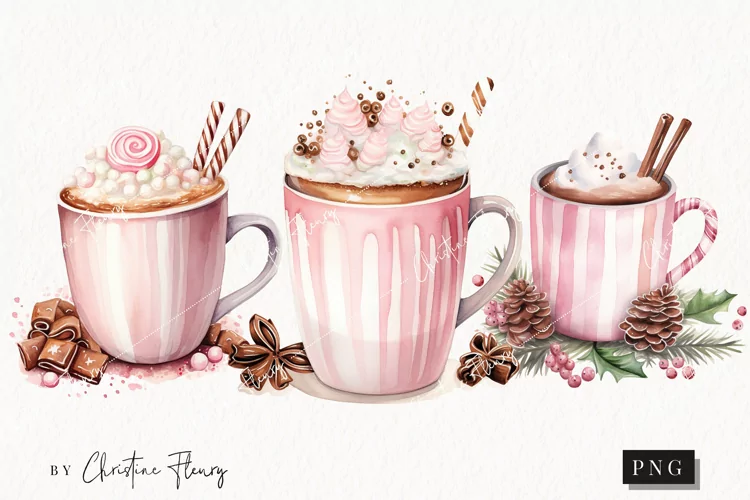 Watercolor Pink Hot Cocoa Clipart | Christmas Clipart