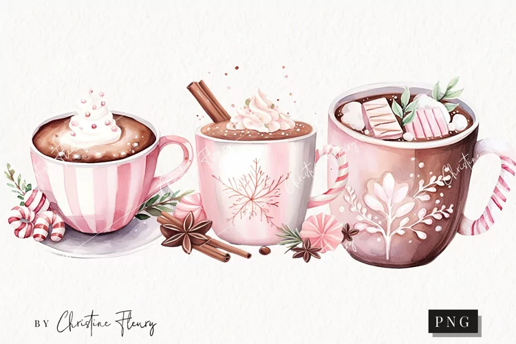 Watercolor Pink Hot Cocoa Clipart | Christmas Clipart