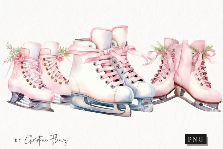 Watercolor Pink Ice Skates Clipart | Christmas Clipart