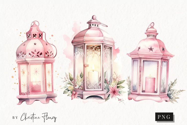 Watercolor Pink Lanterns Clipart | Christmas Clipart