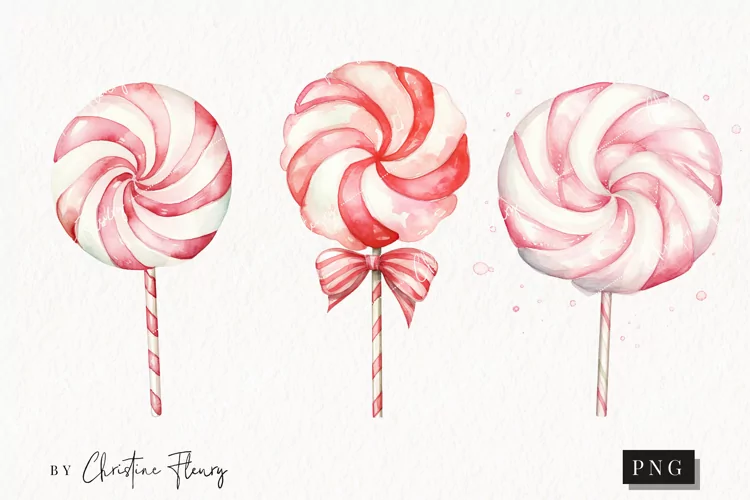 Watercolor Pink Festive Lollies Clipart | Christmas Clipart