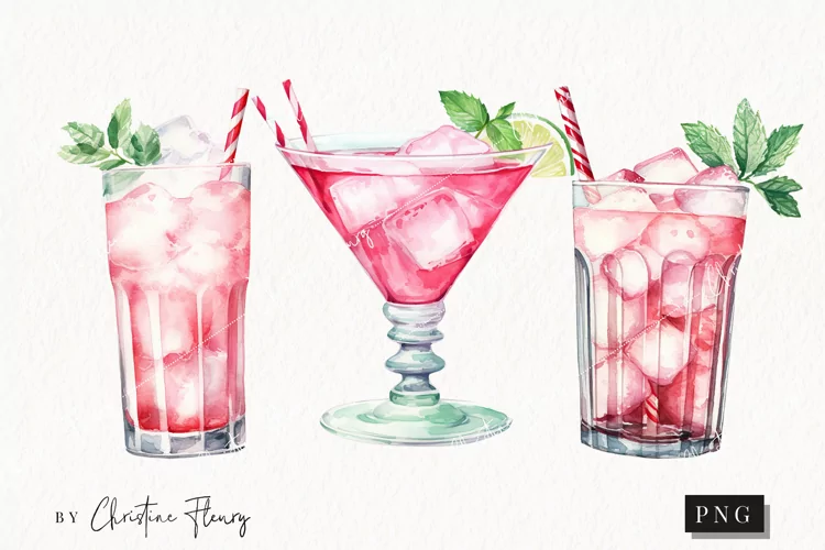 Watercolor Pink Peppermint Cocktails Clipart | Christmas