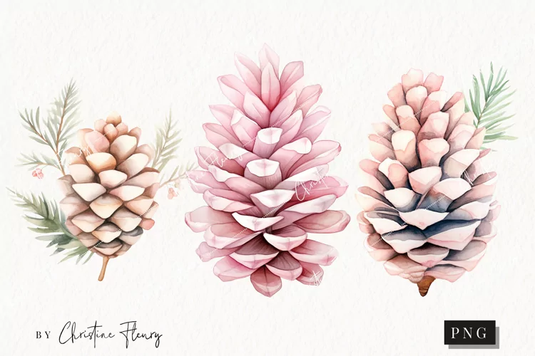 Watercolor Pink Pinecones Clipart | Christmas Clipart