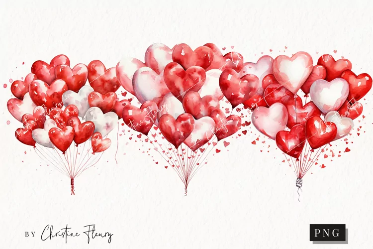 Watercolor Red Heart Balloons Clipart | Valentines Clipart