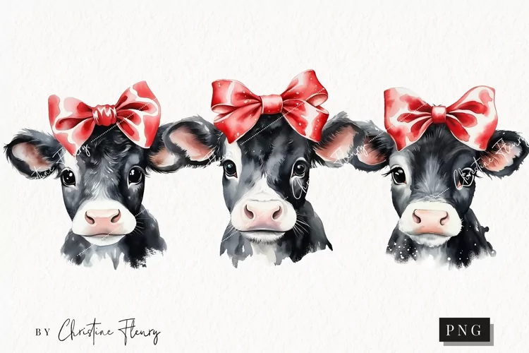 Watercolor Valentine Cow With Bow Clipart | Valentines PNG