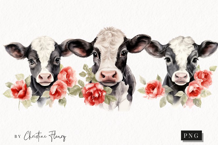 Watercolor Valentine Cow With Roses Clipart | Valentines PNG