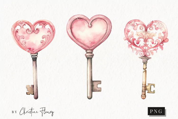 Watercolor Valentines Key PNG | Valentine's Day Clipart