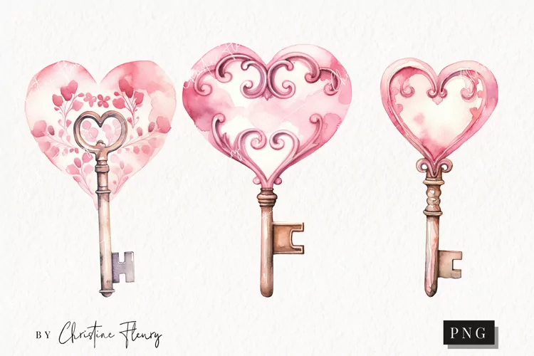 Watercolor Valentines Key PNG | Valentine's Day Clipart