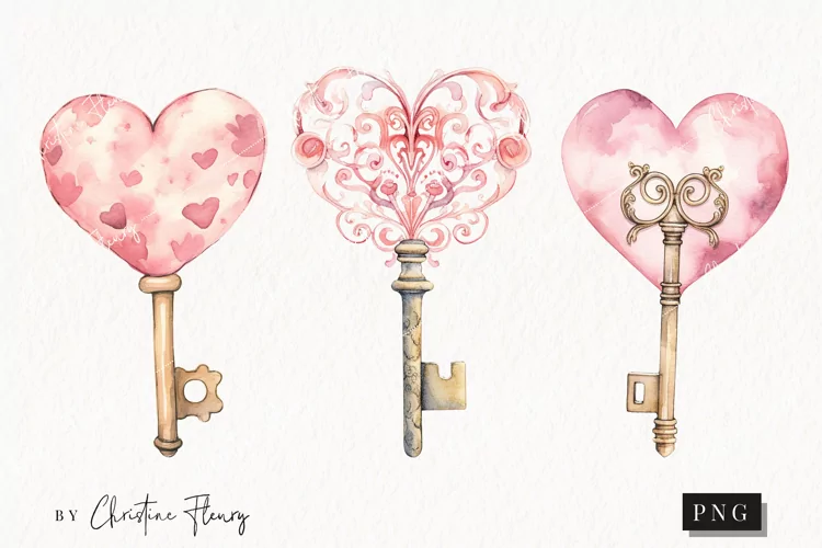 Watercolor Valentines Key PNG | Valentine's Day Clipart