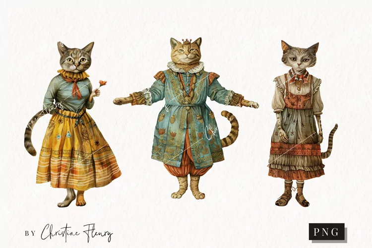 Whimsical Vintage Cats | Vintage PNG