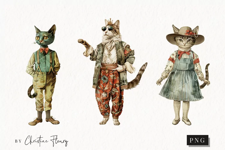 Whimsical Vintage Cats | Vintage PNG