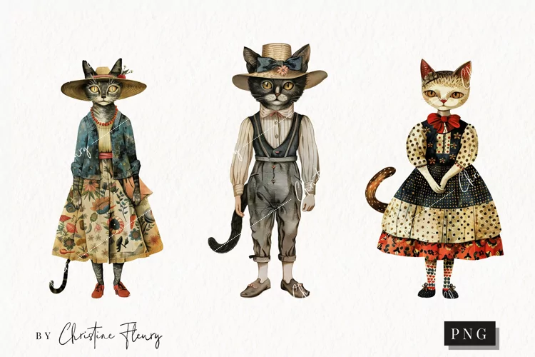 Whimsical Vintage Cats | Vintage PNG