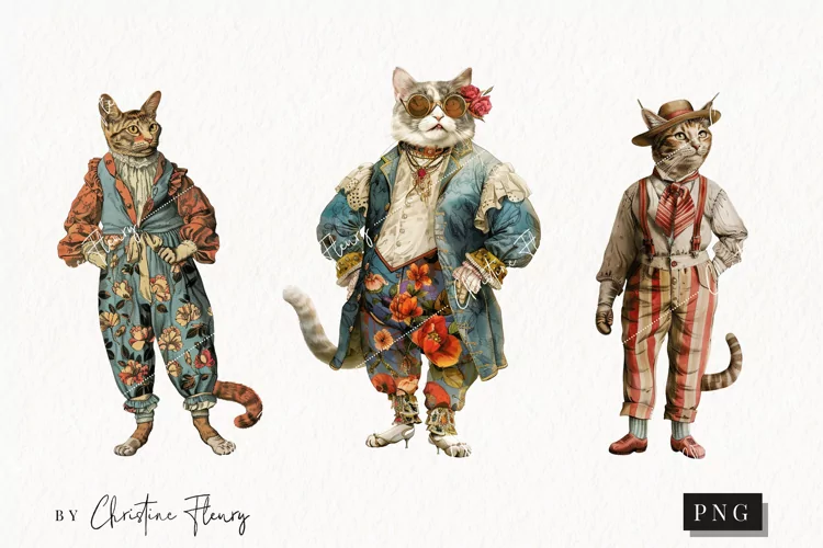 Whimsical Vintage Cats | Vintage PNG