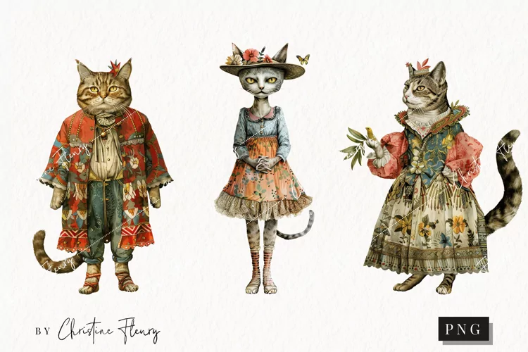 Whimsical Vintage Cats | Vintage PNG
