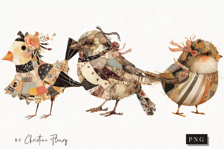 Vintage Patchwork Birds PNG | Vintage PNG