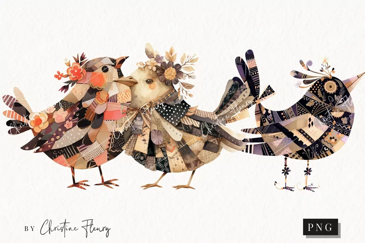 Vintage Patchwork Birds PNG | Vintage PNG