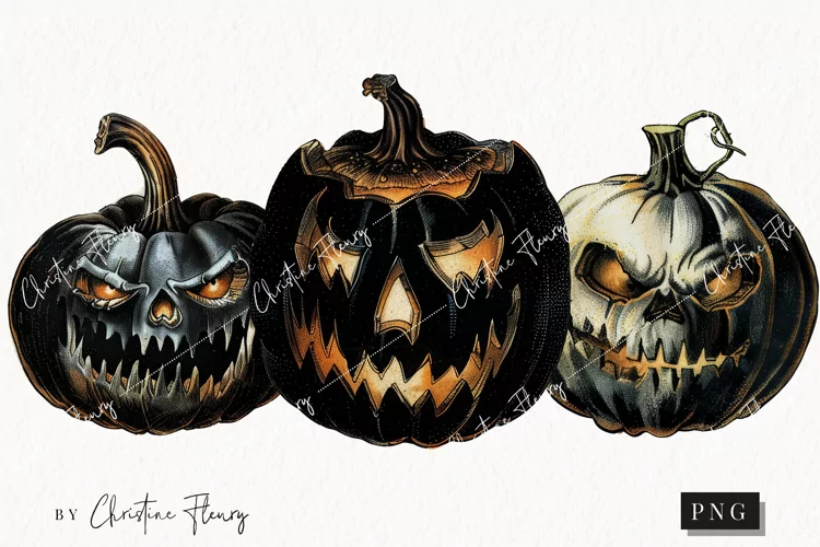 Vintage Black Jack O Lanterns | Halloween PNG